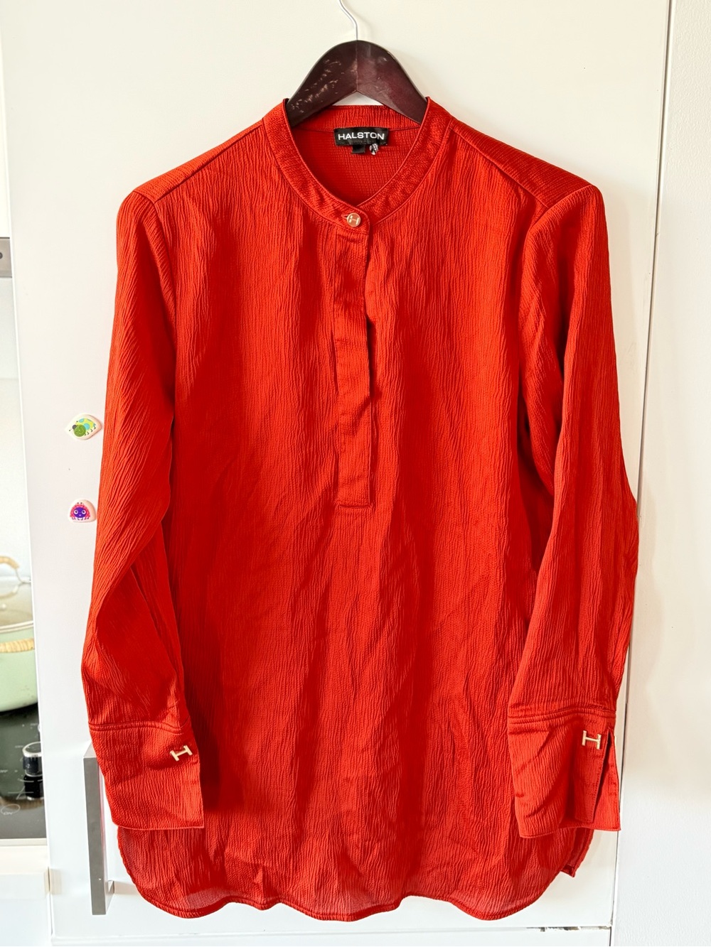 Halston Heritage Men’s Bright Red Long-Sleeve Band Collar Shirt